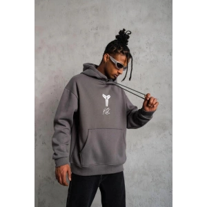 Erkek Baskılı Kapüşonlu 3 iplik pamuklu Hoodie Sweatshirt - Gri