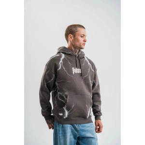 Erkek Baskılı Kapüşonlu Oversize 3 İplik Pamuklu SweatShirt Hoodie - Füme