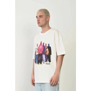Erkek Baskılı T-Shirt Kısa Kol Bisiklet Yaka Rahat Kalıp Tişört - Beyaz