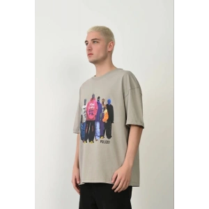 Erkek Baskılı T-Shirt Kısa Kol Bisiklet Yaka Rahat Kalıp Tişört - Boyalı Gri