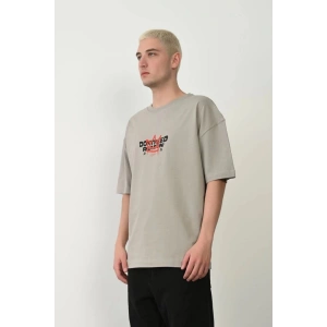 Erkek Baskılı T-Shirt Kısa Kol Bisiklet Yaka Rahat Kalıp Tişört  - Boyalı Gri