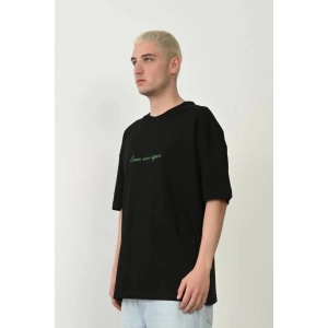 Erkek Baskılı T-Shirt Kısa Kol Bisiklet Yaka Rahat Kalıp Tişört  - Siyah