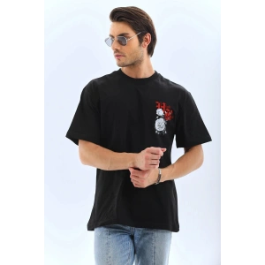 Erkek Baskılı T-Shirt Kısa Kol Bisiklet Yaka Rahat Kalıp Tişört  - Siyah