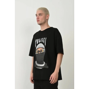 Erkek Baskılı T-Shirt Kısa Kol Bisiklet Yaka Rahat Kalıp Tişört - Siyah