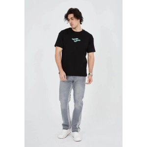 Erkek Baskılı T-Shirt Kısa Kol Bisiklet Yaka Regular Fit Rahat Kalıp Günlük Tişört - Siyah