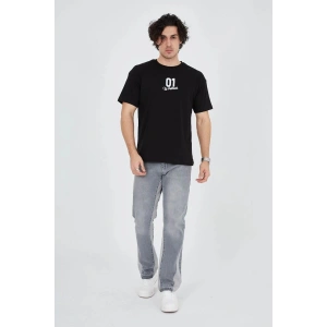 Erkek Baskılı T-Shirt Kısa Kol Bisiklet Yaka Regular Fit Rahat Kalıp Günlük Tişört - Siyah