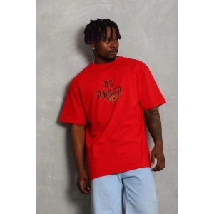 Erkek Baskılı T-Shirt Kısa Kol Bisiklet Yaka Regular Fit Tişört - Kırmızı