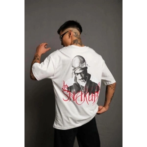 Erkek Baskılı T-Shirt Oversize Kısa kol Bisiklet yaka tişort - Beyaz