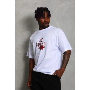 Erkek Baskılı Tişört Kısa Kol Bisiklet Yaka Oversize T-Shirt - Beyaz