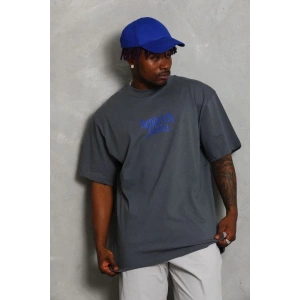 Erkek Baskılı Tişört Kısa Kol Bisiklet Yaka Oversize T-Shirt - Füme