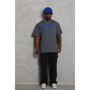 Erkek Baskılı Tişort Kısa Kol Bisiklet Yaka Oversize T-Shirt - Füme