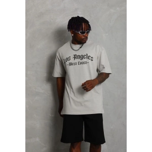 Erkek Baskılı Tişört Kısa Kol Bisiklet Yaka Oversize T-Shirt - Gri