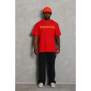 Erkek Baskılı Tişört Kısa Kol Bisiklet Yaka Oversize T-Shirt - Kırmızı