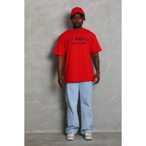 Erkek Baskılı Tişört Kısa Kol Bisiklet Yaka Oversize T-Shirt - Kırmızı