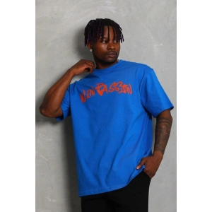 Erkek Baskılı Tişört Kısa Kol Bisiklet Yaka Oversize T-Shirt - Mavi