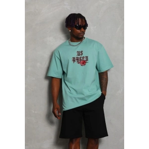 Erkek Baskılı Tişört Kısa Kol Bisiklet Yaka Oversize T-Shirt - Mint Yeşili