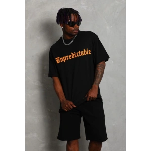 Erkek Baskılı Tişört Kısa Kol Bisiklet Yaka Oversize T-Shirt - Siyah