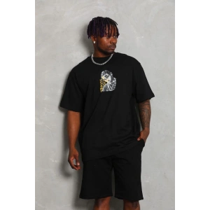 Erkek Baskılı Tişört Kısa Kol Bisiklet Yaka Oversize T-Shirt - Siyah