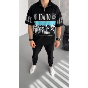 Erkek  Baskılı Yarım Fermuarlı  Kısa kol T-Shirt - Siyah