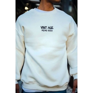 Erkek Bisiklet Yaka 3 İplik pamuklu Baskılı SweatShirt - Beyaz