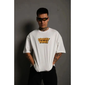 Erkek Bisiklet Yaka Baskılı Oversize Kısa kol T-Shirt - Beyaz