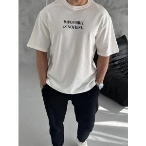 Erkek Bisiklet Yaka Baskılı Oversize  Kısa kol T-Shirt - Beyaz