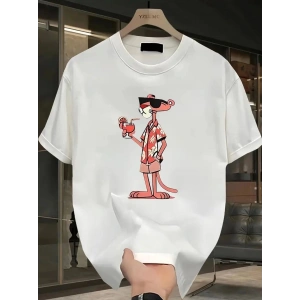 Erkek Bisiklet yaka t-shirt Pembe Panter Baskılı Kısa Kollu Tişört - Beyaz