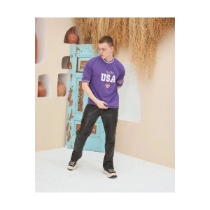 Erkek Bisiklet Yaka Tişört Nakış İşlemeli Kısa Kol Oversize T-Shirt - Mor