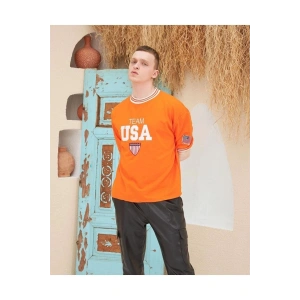 Erkek Bisiklet Yaka Tişört Nakış İşlemeli Kısa Kol Oversize T-Shirt - Turuncu