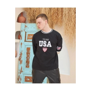 Erkek Bisiklet Yaka Tişört Nakış İşlemeli Kısa Kol Oversize T-ShirtSiyah