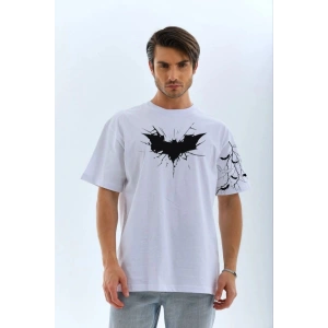 ERKEK Bisiklet yaka tişort Ön ve Kol YARASA Baskılı T-shirt - Beyaz
