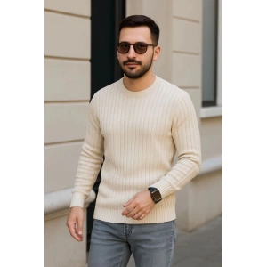 Erkek Bisiklet Yaka Triko Kazak Pamuklu Kalın Fitilli Dokuma Regular Fit - Bej