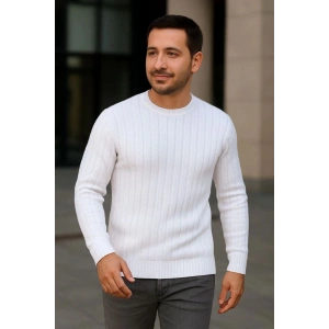 Erkek Bisiklet Yaka Triko Kazak Pamuklu Kalın Fitilli Dokuma Regular Fit - Beyaz