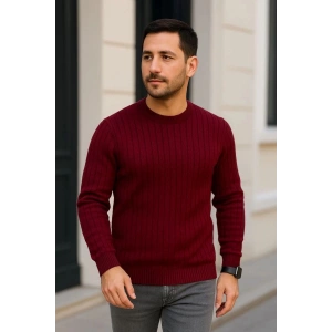 Erkek Bisiklet Yaka Triko Kazak Pamuklu Kalın Fitilli Dokuma Regular Fit - Bordo