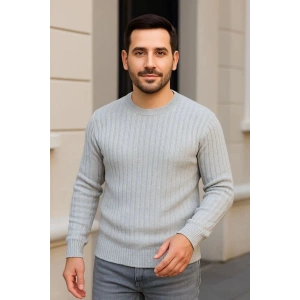 Erkek Bisiklet Yaka Triko Kazak Pamuklu Kalın Fitilli Dokuma Regular Fit - Gri