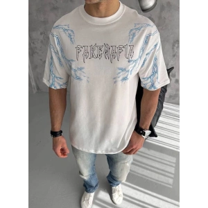 Erkek Bisiklet Yaka Yıldırım Baskılı  Kısa kol T-Shirt - Beyaz