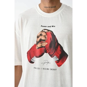 Erkek Box Eldiven Baskılı T-Shirt Kısa Kol Bisiklet Yaka Tişört - Beyaz