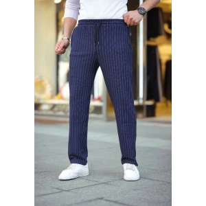 Erkek Cizgili Dokuma Krep Jogger Buggy Pantalon Rahat kalıp - Lacivert