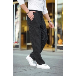 Erkek Cizgili Dokuma Krep Jogger Buggy Pantalon Rahat kalıp - Siyah