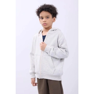 Erkek Çocuk Kapüşonlu Kanguru Cepli Tam Fermuarlı Hırka SweatShirt - Gri