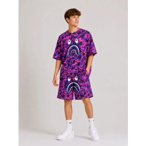 Erkek Çocuk Oversize Kalıp Pubg Bape X Shark Nakışlı Cepli Şort Takım - Mor