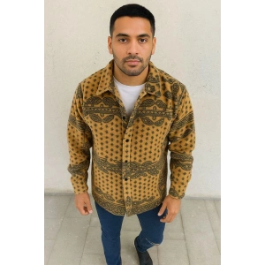 Erkek Düğmeli Gömlek Polar Sweatshirt Yumuşak Dokulu Oversize Kalıp -Sarı