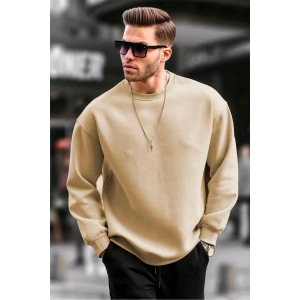 Erkek Düz Bisiklet Yaka 3 iplik pamuklu Sweatshirt - Bej