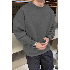 Erkek Düz Bisiklet Yaka 3 iplik pamuklu sweatshirt - Füme