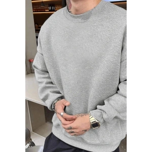 Erkek Düz Bisiklet Yaka 3 iplik pamuklu sweatshirt - Gri