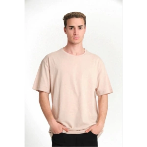 ERKEK Düz Tişört Bisikilet Yaka Kısa Kol Oversize T-shirt - Bej