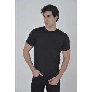 Erkek File Çepli  T-Shirt Kısa Kol Bisiklet Yaka Slimfit Tişört - Siyah
