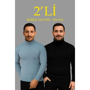 Erkek Fitilli Kazak Tam Boğazlı Balıkçı Yaka Triko 2li Set Bebek Mavisi-Siyah
