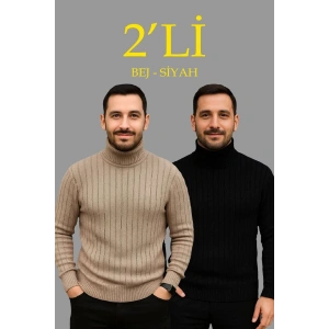 Erkek Fitilli Kazak Tam Boğazlı Balıkçı Yaka Triko 2li Set Bej-Siyah