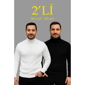 Erkek Fitilli Kazak Tam Boğazlı Balıkçı Yaka Triko 2li Set Beyaz-Siyah